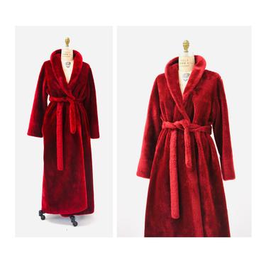 Vintage Cozy Red Robe Faux Fur Medium Large Christmas Fuzzy Robe Jacket // Vintage Faux Fur Robe Jacket Medium Large Hostess Party Robe 
