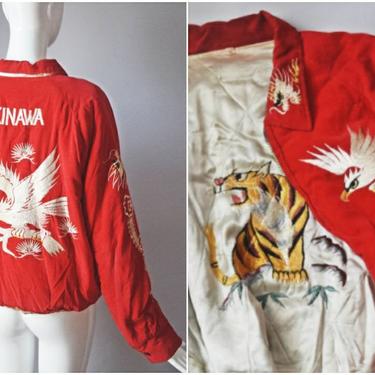 Vintage 40s Sukajan Jacket | Rare WWII Japanese Okinawa reversible souvenir jacket 1940s embroidered tigers dragons red silk velvet coat 
