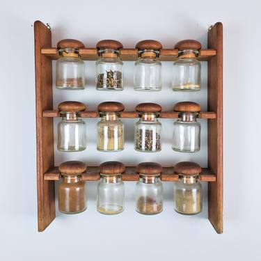 Vintage MCM Hanging Spice Rack Glass Jars | Wood Frame 12 Bottles Apothecary Containers | Free Shipping! 