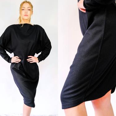Vintage 80s Thierry Mugler Black Batwing Wool Blend Broad Shoulder Sheath Dress | Made in Italy | 1980s Mugler Designer Avant Garde Dress 