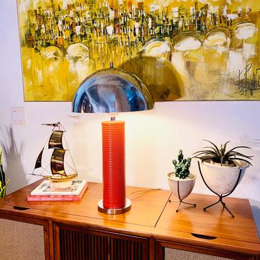 Mid Century Chrome and Orange mushroom Lamp, Post Modern Table Lamp, Space Age Mushroom Lamp 