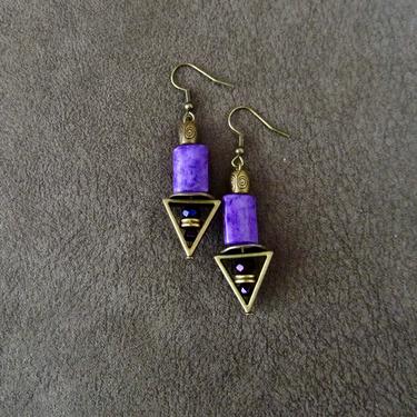 Bohemian dangle earrings, purple stone earrings, bold statement earrings, unique boho chic earrings, rustic artisan earrings, bronze 7 