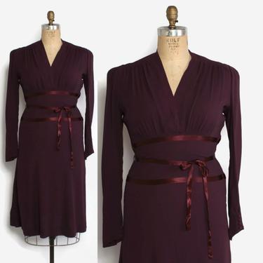 Vintage 40s Plum Crepe Dress / 1940s Ribbon Trim Belted Rayon Dress 