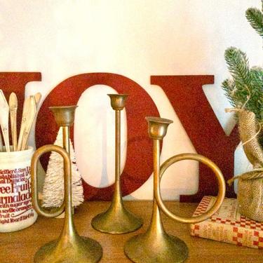 Vintage Brass Horn Candlestick Set 