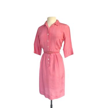 Vintage 50s Jerry Gilden Spectator pink bubblegum silk shirt dress 