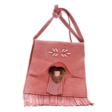 VINTAGE: Small Beaded pink Swede Leather fringed Pouch Bag - Native American Style - Decorative Bag - SKU 3-E1-00030852 
