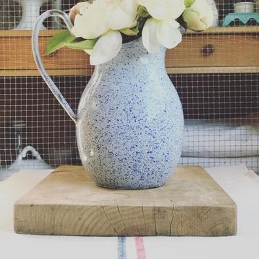Beautiful vintage French speckle blue white enamelware jug, water pitcher 
