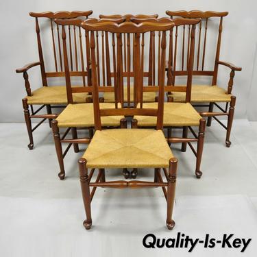 6 Vintage Spindle Back Cherry Wood Rush Seat Queen Anne Colonial Dining Chairs