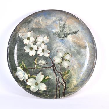 19th Century American Art Pottery Charger Dogwood Blossoms Bird Jennie Wright 
