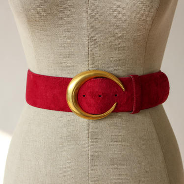 Vintage 80s Donna Karan Ruby Pink Suede Belt with Robert Lee Morris Crescent Buckle | Made in Italy | 1980s Designer Genuine Leather Belt 