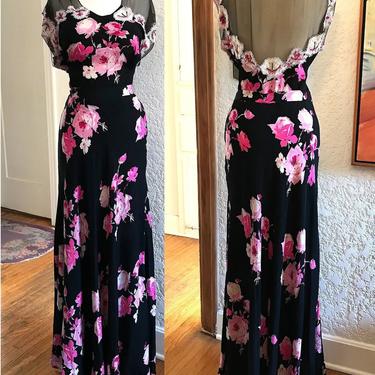 Exquisite 1940's Silk Floral Print Bias Cut Gown with beadwork and Appliqué Old Hollywood Glamor Size Large 
