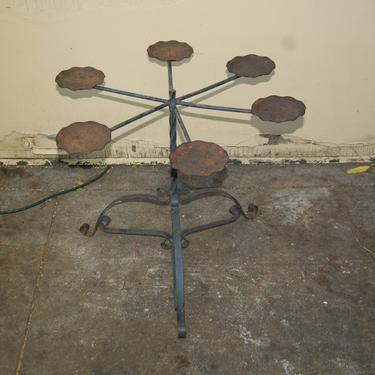 OOAK Twisted Wrought Iron w/ Five Outward Radiating Circle Dial Arms w/ 5 Ruffled Pie Pan Plant Holders Plant Stand w/ Ornate Bent Iron Base 