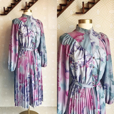 1980s CAPRICAN Floral A-Line with Pleated Skirt and Long Peasant Sleeve, 1980s Fashion, 80s Dress, 80s Vintage, Vintage Floral Dress 