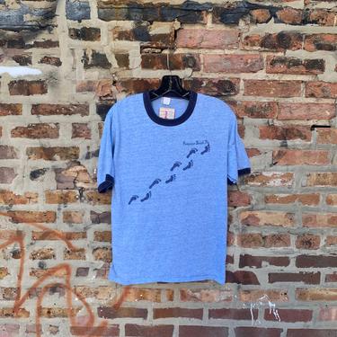 Vintage 70s Pompano Beach Florida Tourist Ringer Tee T-Shirt Size XL Tri blend sherry Single stitch Foot prints Cute 