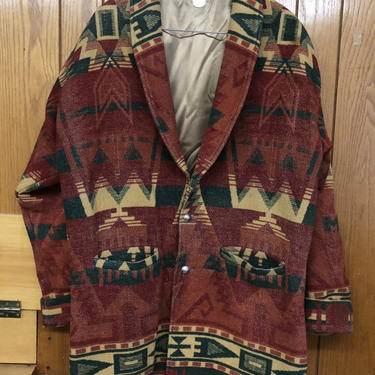 Pendleton inspired Southwestern print wool coat w two front pockets. unisex. W/ Shoulder pads. Relaxed fit. Orange, Green Earthy tones 