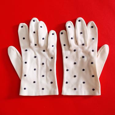 RARE &amp; Mod Vintage 60s White and Black Polka Dot Embroidered Gloves 