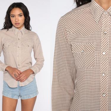 Brown Gingham Shirt 70s WESTERN Pearl Snap Plaid Top Checkered Long Sleeve Button Up 80s Plaid Hipster Vintage Extra Small xs 