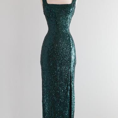Vintage Emerald Green Sequined Evening Gown With Slit / Medium
