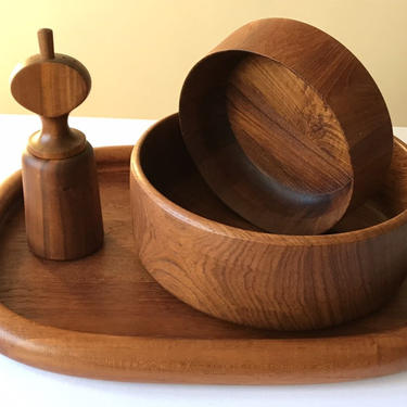 Set of Four Danish DANSK teak serving tray, serving bowls and peppermill &amp; Salt shaker 