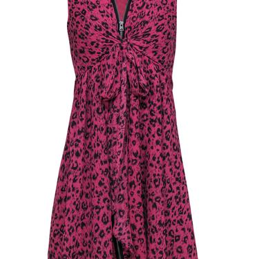All Saints - Pink & Black Leopard Print Sleeveless Tie Front Zip-Up Shift Dress Sz S