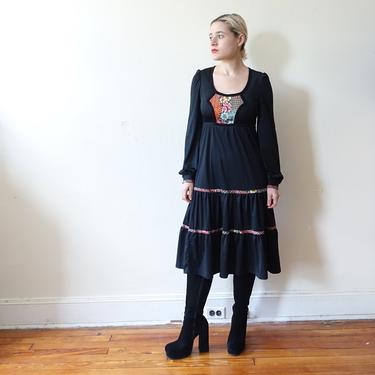 Vintage 70s Black Prairie Dress with Balloon Sleeves/ 1970s Tiered Skirt/ Size Small Medium 