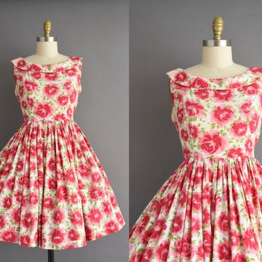 vintage 1950s dress | Colorful Pink & Red Floral Print Full Skirt Cotton Dress | Medium Large | 50s vintage dress 