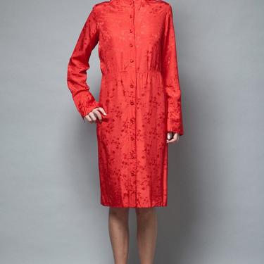 red silk dress vintage 70s 100% silk Asian Oriental floral jacquard long sleeves S - Small 