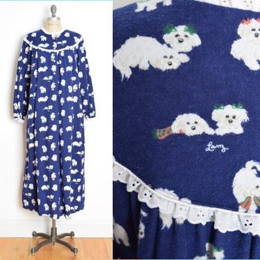 vintage 90s nightgown LANZ navy blue flannel puppy love dog print gown L XL cotton clothing cottagecore 