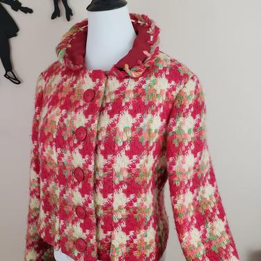 Vintage 1950's Light Pink Short Jacket / 60s Knit Woven Multicolor Coat S 