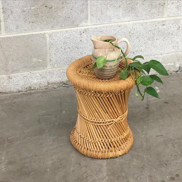Vintage Plant Stand Retro 1970s Woven Jute and Bamboo Frame + Bohemian Style + Raised Stand or Plant Display + Indoor Home Decor 