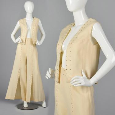XS Cream Wool Vest with Palazzo Pants Vintage 70s Set Rhinestone High Waist Wide Leg 