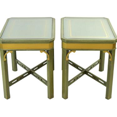 Vintage Green and Gold Painted Occasional Tables w Glass Top X-Stretcher Bases 