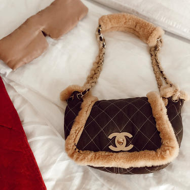 Vintage 90's CHANEL Mini CC Turnlock Classic Flap SHEARLING Fur Lambs Wool Leather Chain Shoulder Bag Purse 