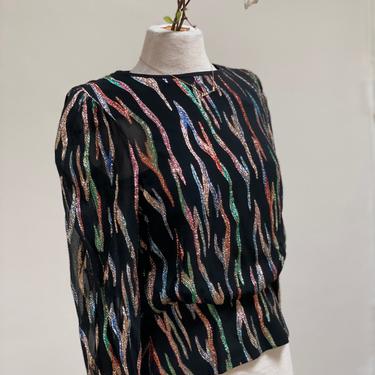 Vintage 1970s 1980s 70s Disco Sheer Metallic Blouse Top Rainbow Gold Fire Print Party Occasion Studio 54 Long Sleeve Peplum Small 
