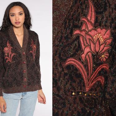 Floral Cardigan Sweater 80s Embroidered Flower Applique Metallic Thread Grandma Cardigan Button Up Sparkle Knit 1980s Vintage Retro Large L 
