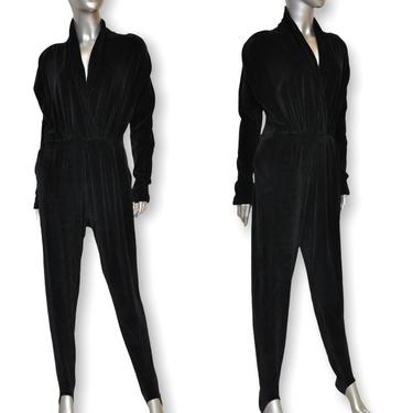 Vintage Black Velour Jumpsuit with Stirrup Pants Deep V 80’s 90’s Romper M 6/8 