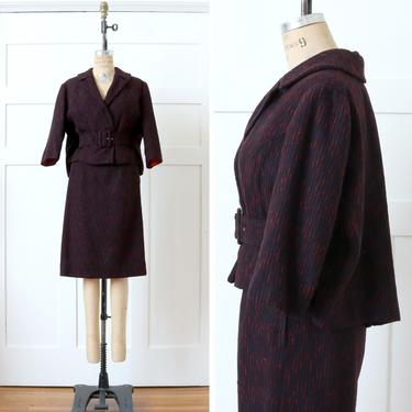 vintage 1950s caped suit • red and black textured wool belted jacket and pencil petite skirt set 