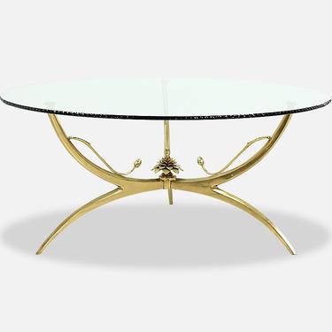 Mid-Century Brass Lotus Flower & Glass Top Coffee Table