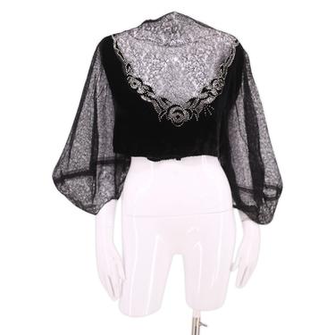 30s black velvet lace rhinestone top / vintage 1930s silk velvet Deco rosette barrel sleeve blouse antique dress fragment 