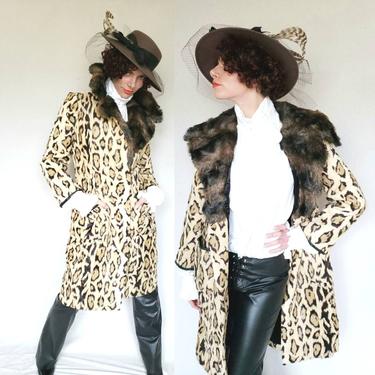 1970s Faux Fur Leopard Print Coat / 70s Animal Print Boho Coat with Large Fold-Down Faux Fur Collar / Med Large 