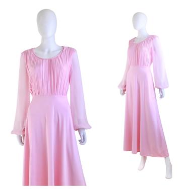 1960s Pink Chiffon Ethereal Maxi Dress - 1960s Pink Dress - 1960s Pink Chiffon Balloon Sleeve Dress - 60s Pink Gown | Size Medium / Large 