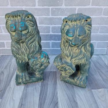 Antique Glazed Patina Italian Solid Terracotta Sitting Lions - Pair