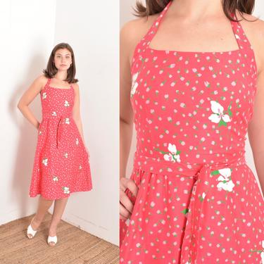 Vintage 1980s Dress / 80s Malia Floral Cotton Halter Sundress / Pink ( XS S ) 