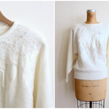 vintage 80s dolman sleeve sweater - ivory lace, satin applique sweater / 80s embellished sweater - '80s sweater / 1980s kawaii sweater 