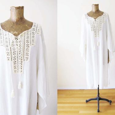 Vintage 70s Mexican Beach Cover Up Dress S - 70s White Bohemian Cotton Crochet Poncho Pool Dress - Kimono Angel Sleeve Beach Dress 