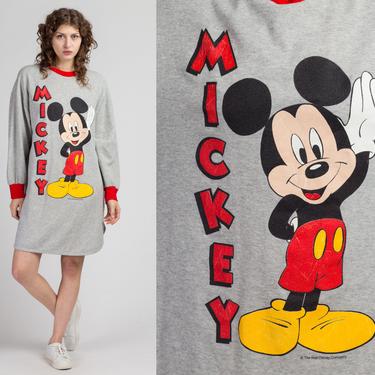 90s Mickey Sweatshirt Dress - Extra Large | Vintage Disney Cartoon Oversize Graphic Ringer Sleep Shirt 
