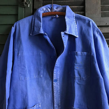 French Indigo Work Wear Jacket, Bleu De Travail Coat, Denim, Patch Repairs, Garden, Chore Wear Farmhouse Peasant 