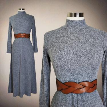 Vintage Heather Gray Maxi Dress, Small / Clingy Mockneck Casual Dress with Ribbed Top &amp; Waffled Skirt / Long Flared Minimalist Hipster Dress 