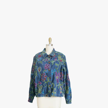 Vintage Floral Embroidered Jean Jacket - Coldwater Creek  - Denim Coat - Long Sleeve - Psychedelic -  Women's Large 