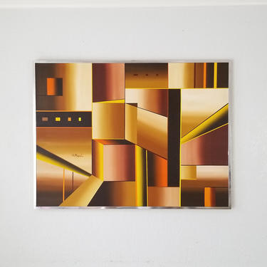 1979 E. Rafael &amp;quot; Reflection &amp;quot; Colorful Geometric Oil on Canvas Painting . 